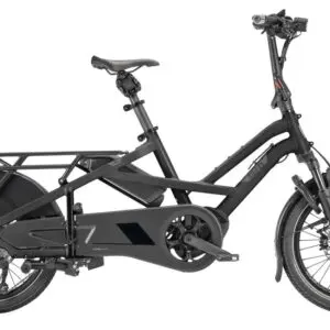 5351272_21064648-Black - mycargobike köln GmbH Matte black electric cargo bike with a long rear rack, integrated battery, and step-through frame, featuring front suspension and disc brakes on the front wheel.