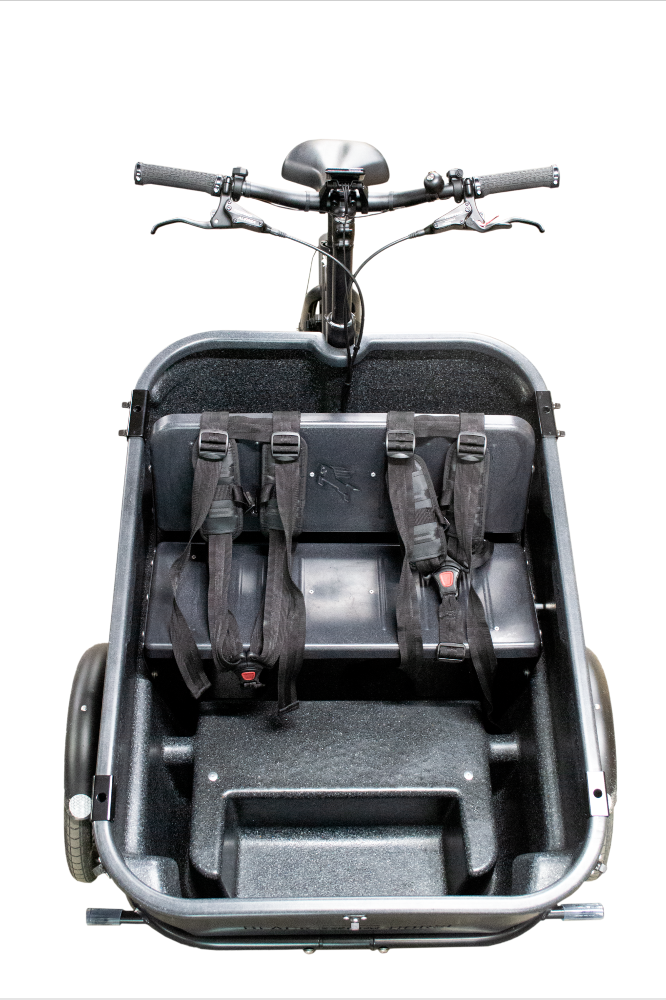 IBEX_TOPFAMILY_white_bg - mycargobike köln GmbH Front view of a dark cargo bike with an open rear cargo box showing multiple black seat belts or straps inside.