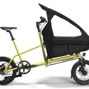 Pic3 - mycargobike köln GmbH Yellow cargo bike with a large black canopy over the cargo area for a child passenger