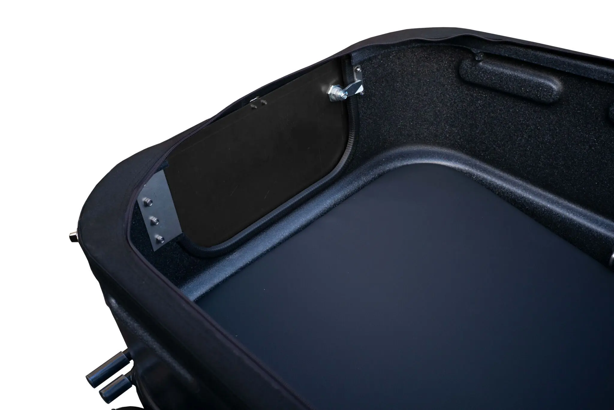 White-L1008559 - mycargobike köln GmbH Open suitcase interior showing foam-lined lid, zipper, and metal latch.