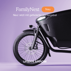 Marketing hero banner: purple-background bike with 'FamilyNext' logo and orange 'New' button, captioned 'New! Now with suspended front fork' with 'Urban Arrow' at bottom.