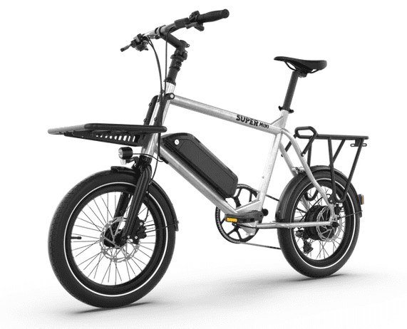 Electric cargo bike with battery pack mounted along the frame, front rack, and rear cargo rack.