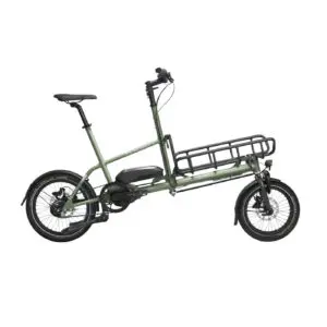 Green electric cargo bike with a long rear rack for hauling cargo, two wheels, and a central motor enclosure under the seat area.
